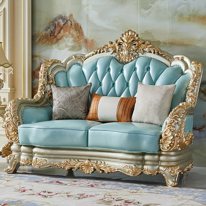 European solid wood leather sofa American double-sided carving luxury villa living room sofa combination 123 high-grade French