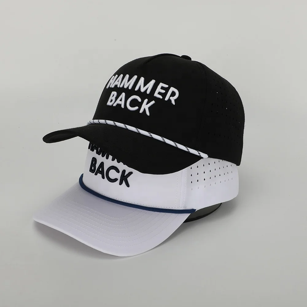 BSCI Oem Factory Custom 5 Panel Embroidery Logo Polyester Dad Hat High Quality Sport Gorras Laser Cut Hole Rope Baseball Cap