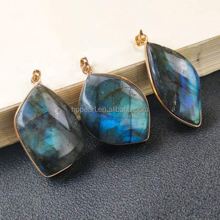JGP21 Gold Plated Bezel Pendant Irregular Shape Natural Stone Labradorite Jewelry