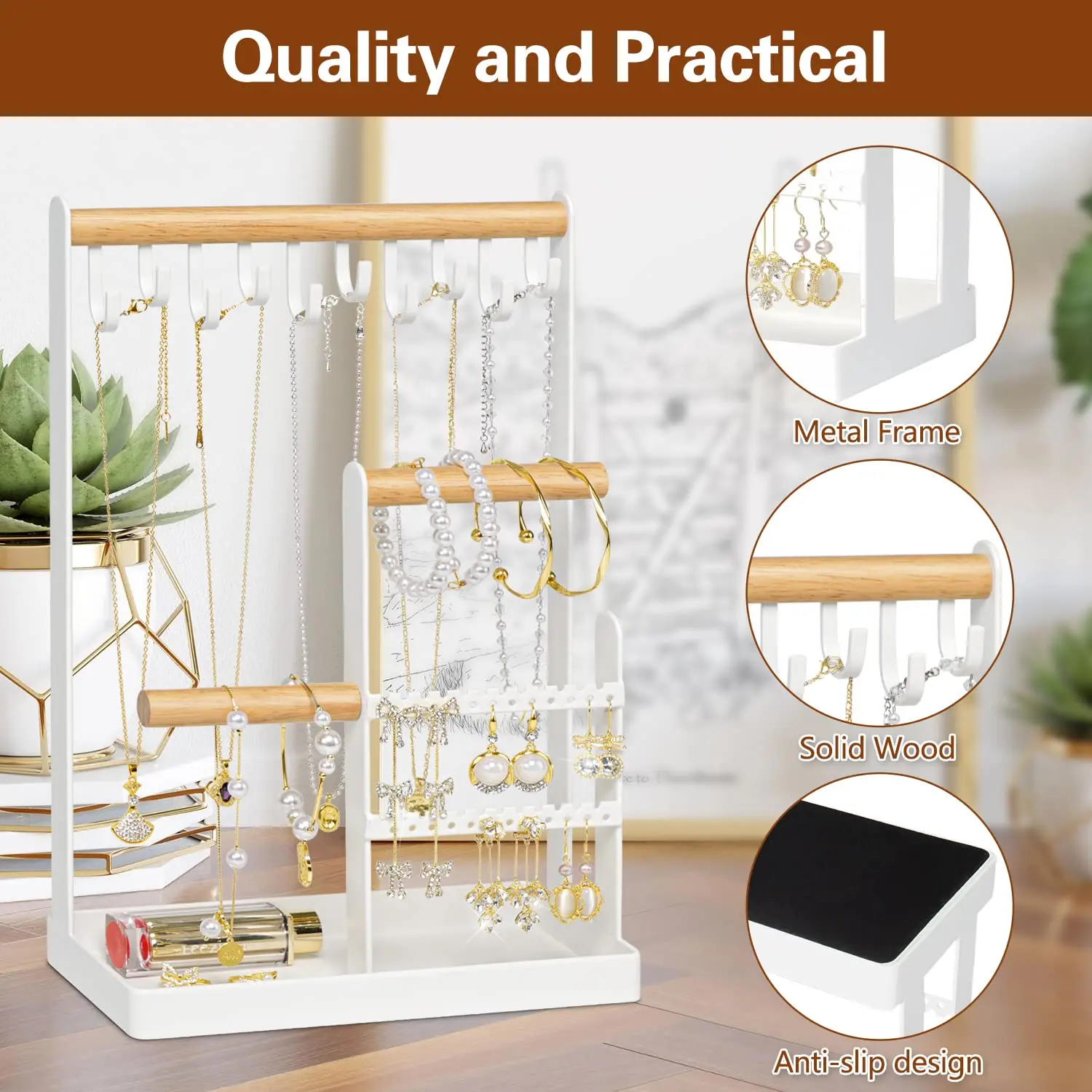Jewelry Organizer Stand With Ring Holder 4 Tier Jewelry Tower With 10 Hooks Necklace Organizer And Watch Bracket Holder