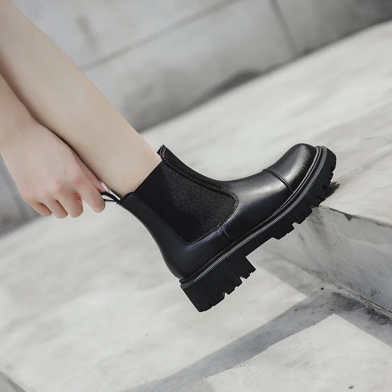 Ankle women boots Platform Women Cow Leather Boots Round Toe Elastic Band Thick Sole Ladies Shoes