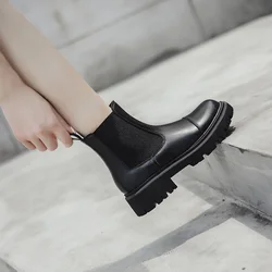 Ankle women boots Platform Women Cow Leather Boots Round Toe Elastic Band Thick Sole Ladies Shoes