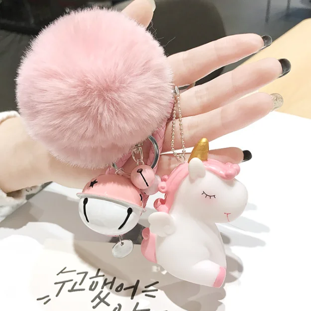 Newest Fashion Cute Bag Jewelry Bell Fur plush Ball Keyring Unicorn Charm Fluffy Pompom Keychain plush