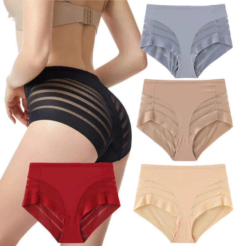 Women Sexy Tummy Control Underpants Seamless Stripe Lace Briefs Elastic Underwear Cotton Crotch Mid Waisted Panties