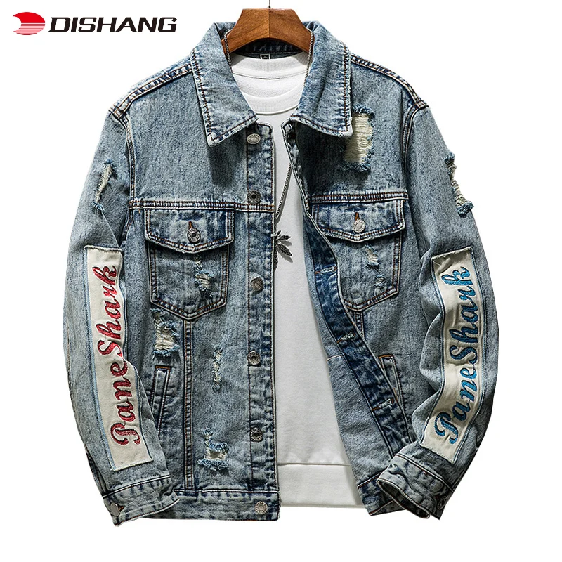 High Quality Fashion Trend Retro Style Print Ripped Loose Jacket Denim Jacket Plus Size Men
