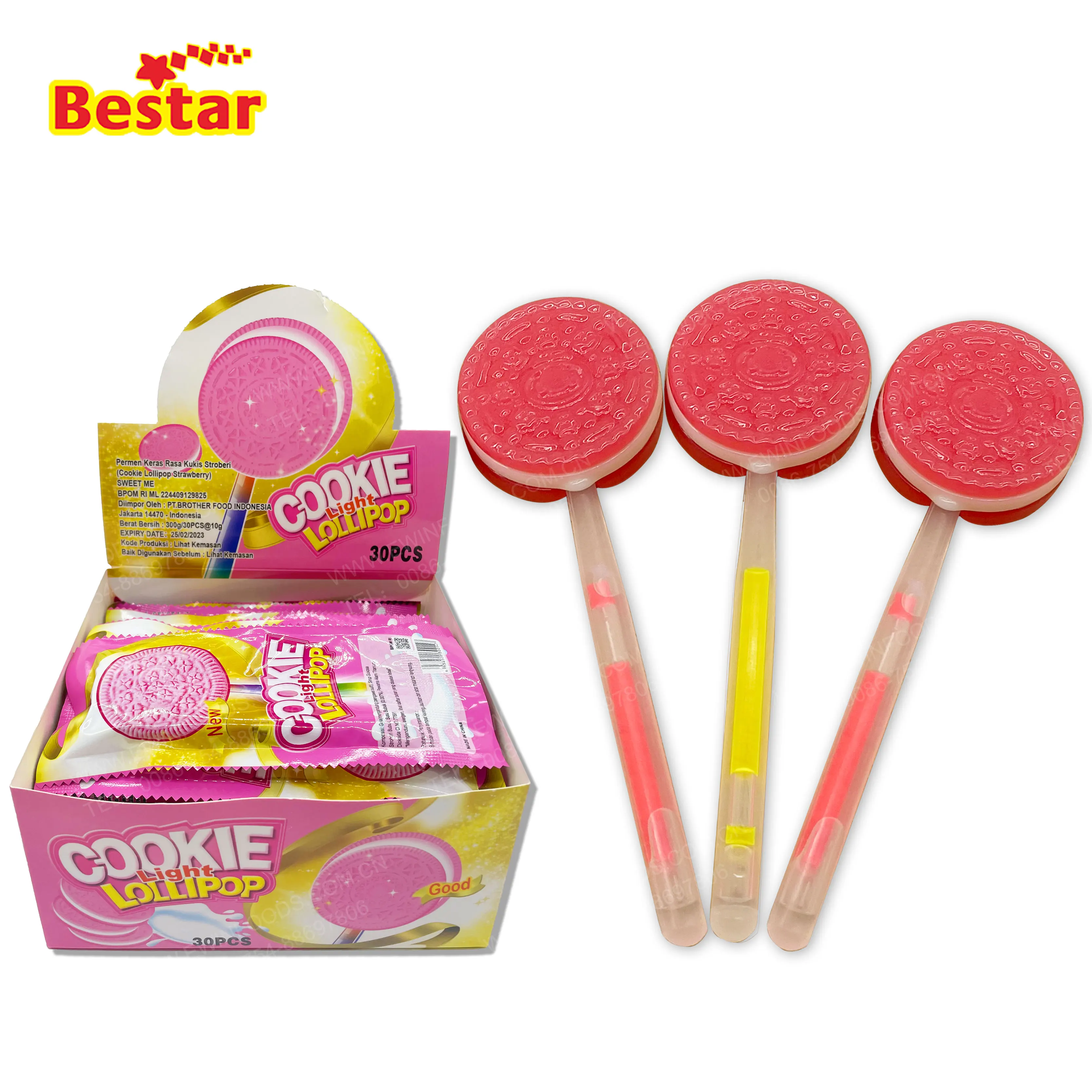 Strawberry taste fruity Flavor Cookie Lollipop Candy With Light Stick