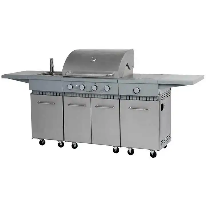 Modern Outdoor Smokeless Stainless Steel burners Barbeque Gas Grills with trolley