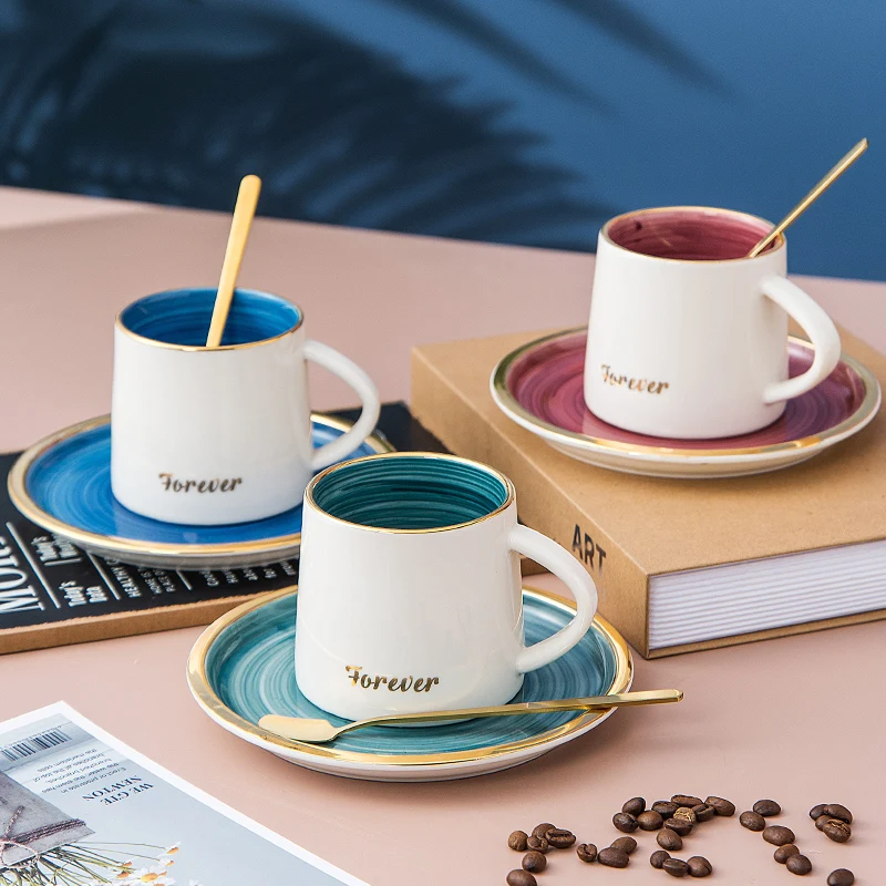 Flypeak wholesale Nordic marble drinkware Porcelain Coffee Mug ceramic Coffee tea Cup and saucer sets with spoon