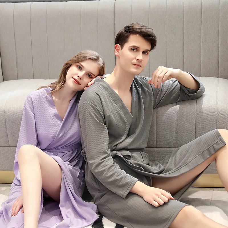 AIMINYZ New Fashion Design Men And Pajamas Thin Summer Waffle Long Sleeved Morning Gown Couple Homewear Medium length Bathrobe