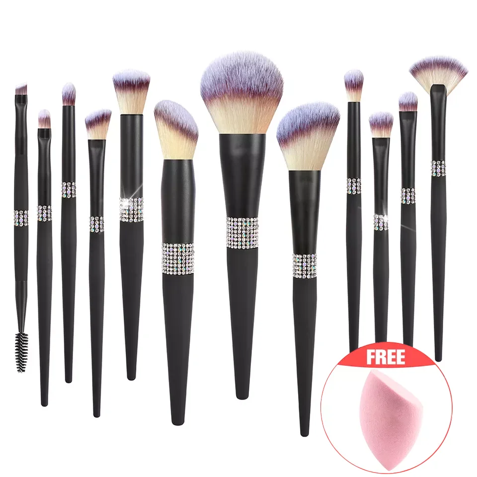 Great Value Product 12 PCS Bling Diamond black handle Professional Beauty Tools Makeup Brush Set With Case