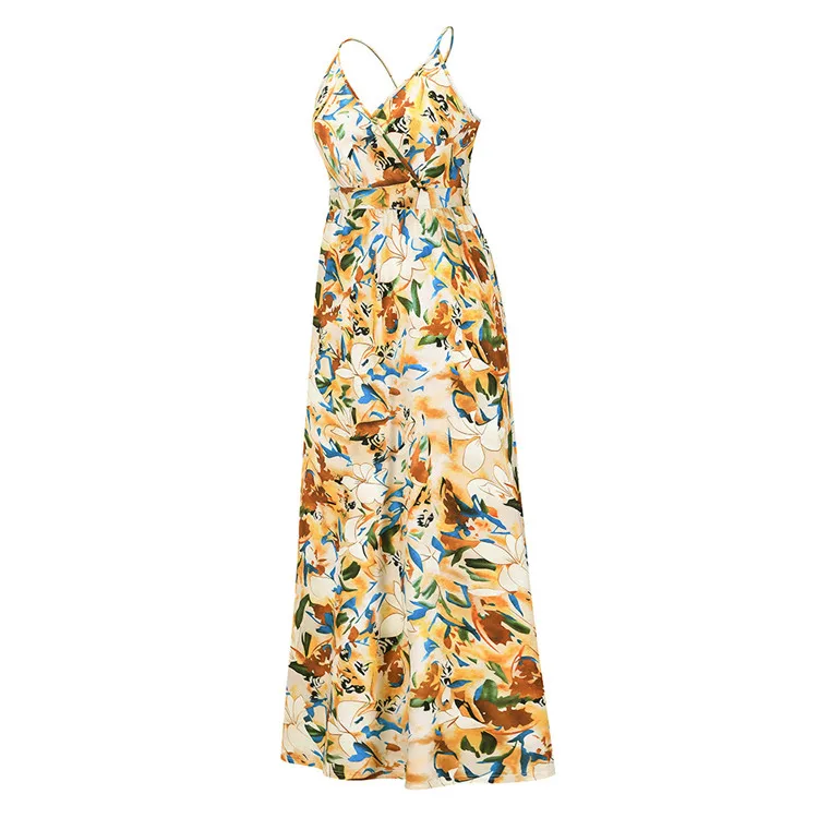 2022 New Style Ready To Ship Deep V-Neck Back Open Strap Casual Dress Summer Bohemian Style White Long Dresses Women