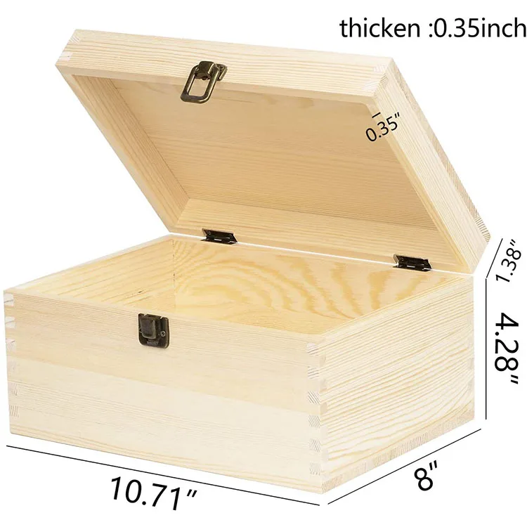 Extra Large Rectangle Unfinished Pine Wood Box Natural Craft Stash Boxes with Hinged Lid and Front Clasp