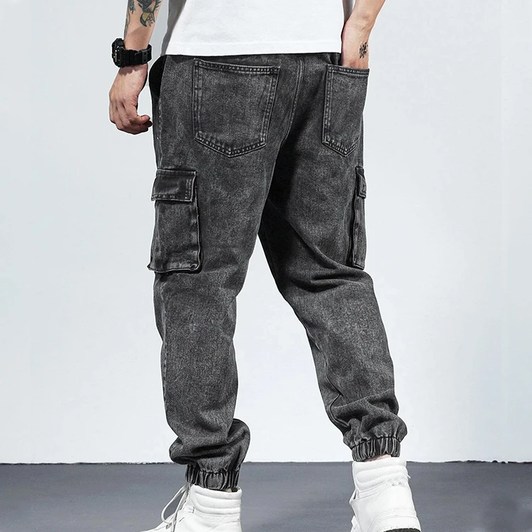 Custom Men Cotton Drawstring Waist Flap Pocket Wide Leg Acid Wash Cargo Jogger Jeans Pants Men