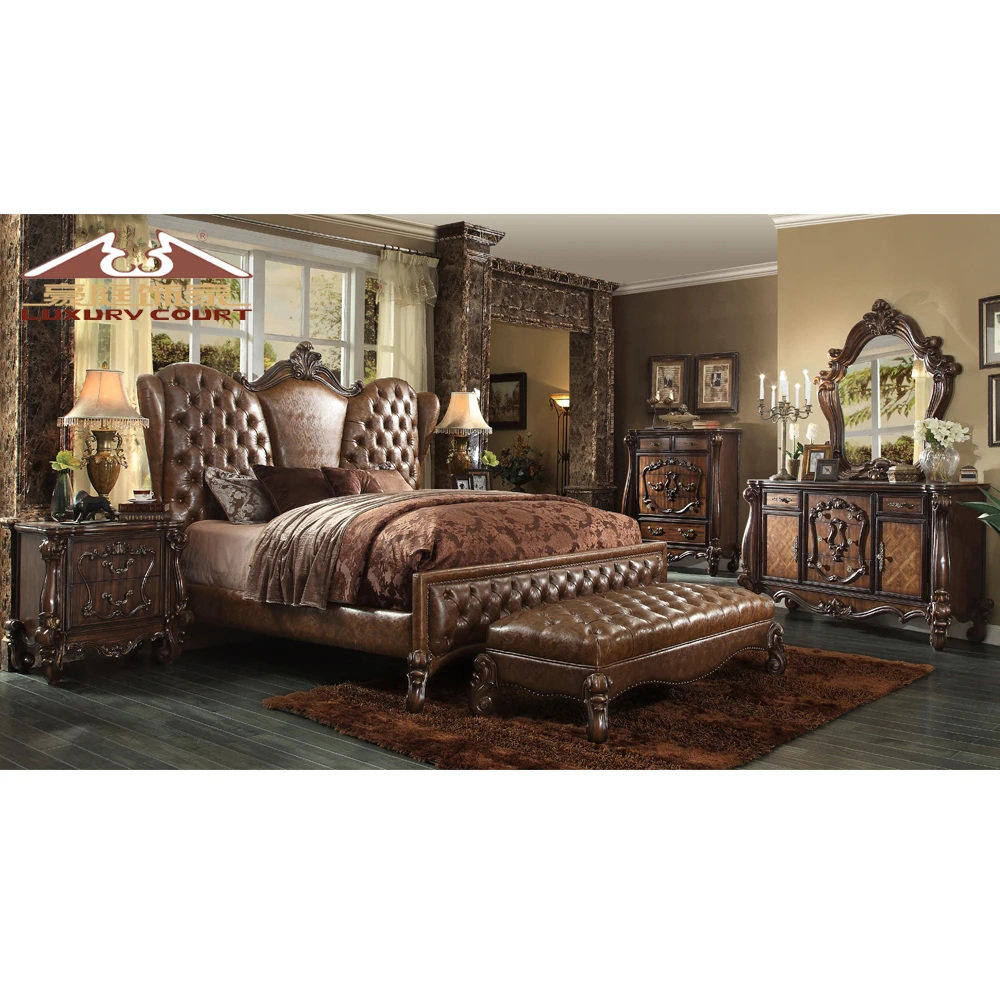 Longhao Wholesale European classical wooden carved royal King Size Bed sets Luxurious Wedding Bedroom Furniture