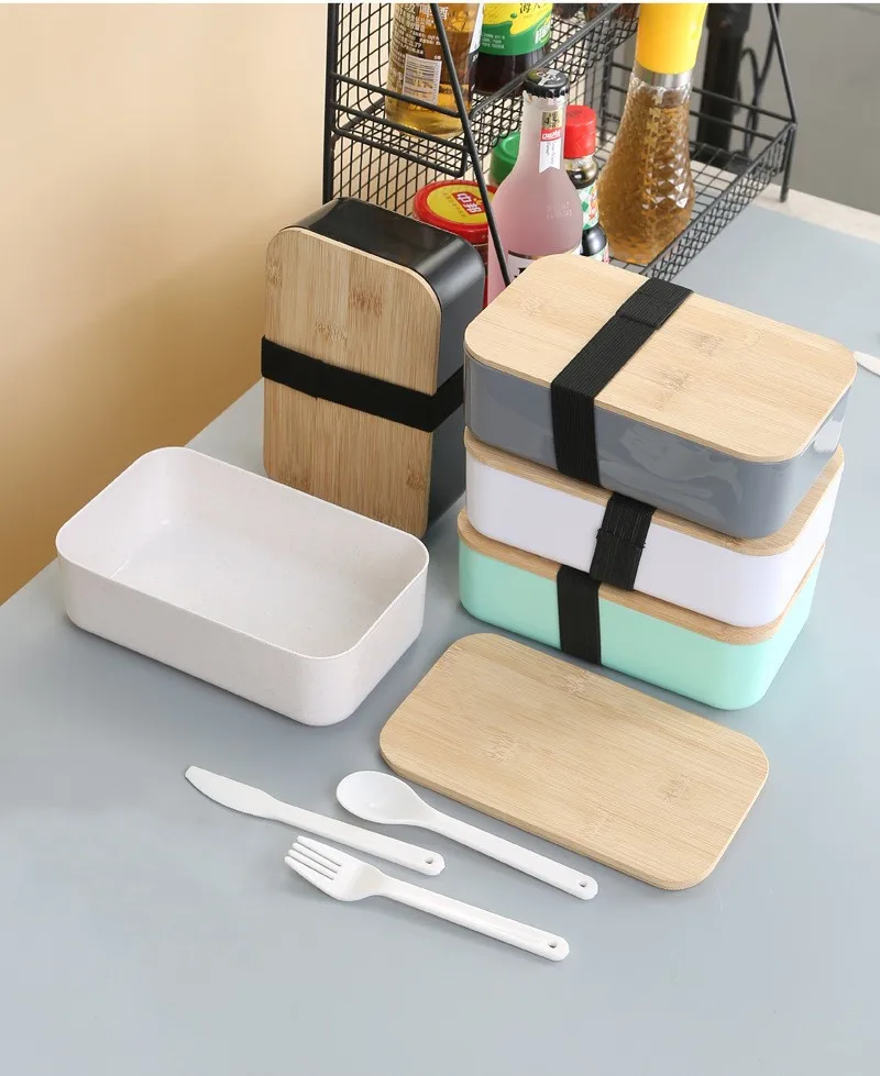 Japan Style lunch box with elastic 1000ML Bento Lunch Boxes Plastic Lunch Box set with Bamboo Wood Lid