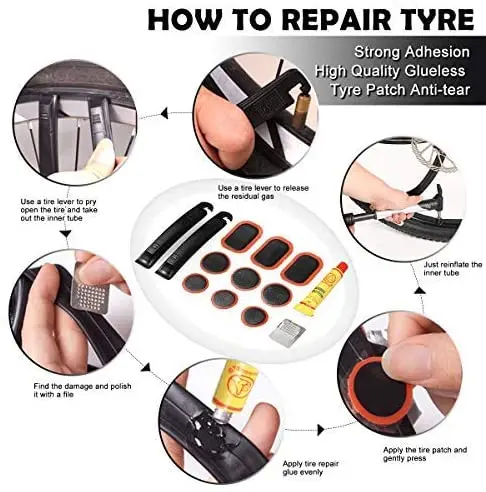 Bicycle Inner Tire Patch Repair Kit with 13 PCS Vulcanizing Patch 6  Glueless Puncture Patchs 4 Metal Scuffer and Storage Box