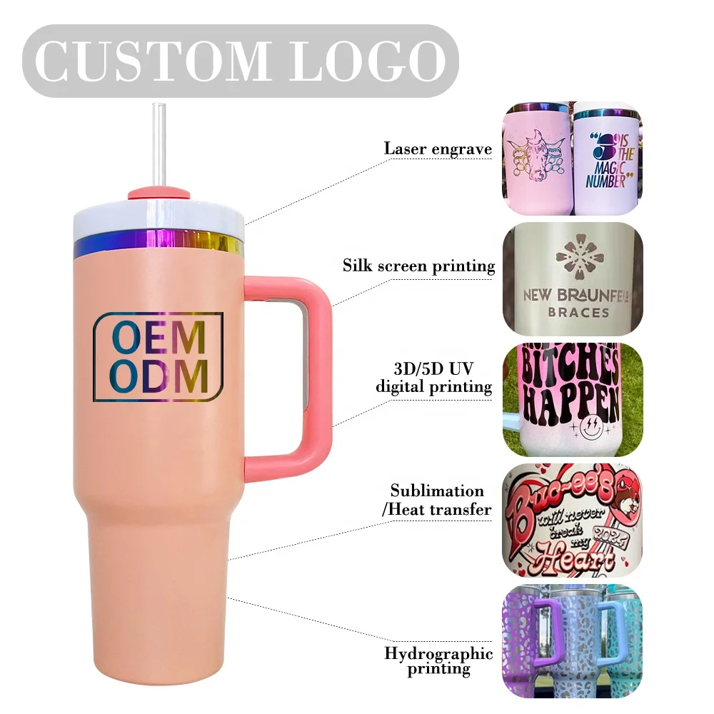 40Oz Tumbler With Handle Custom Stainless Steel Tea Mug Rainbow Underlay Tumblers Powder Coated Tumblers For Laser Engraved