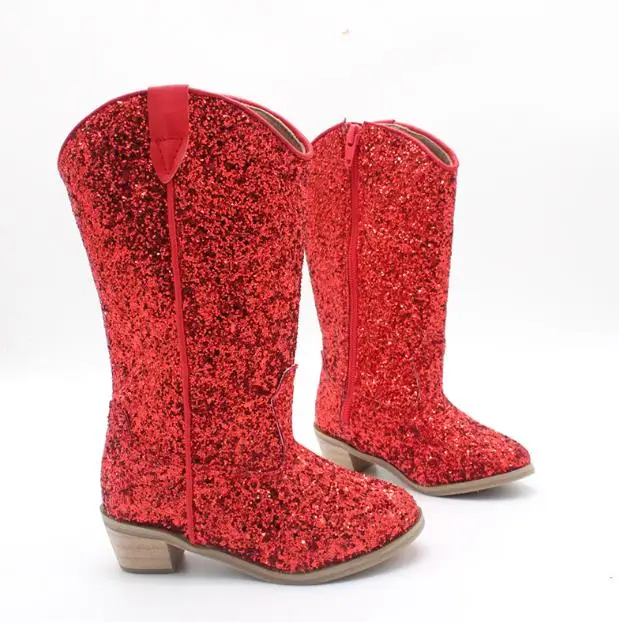 2024 New bling kids boys zipper midi bootie western cowboy heel snow boots children girls winter sequins knight boots