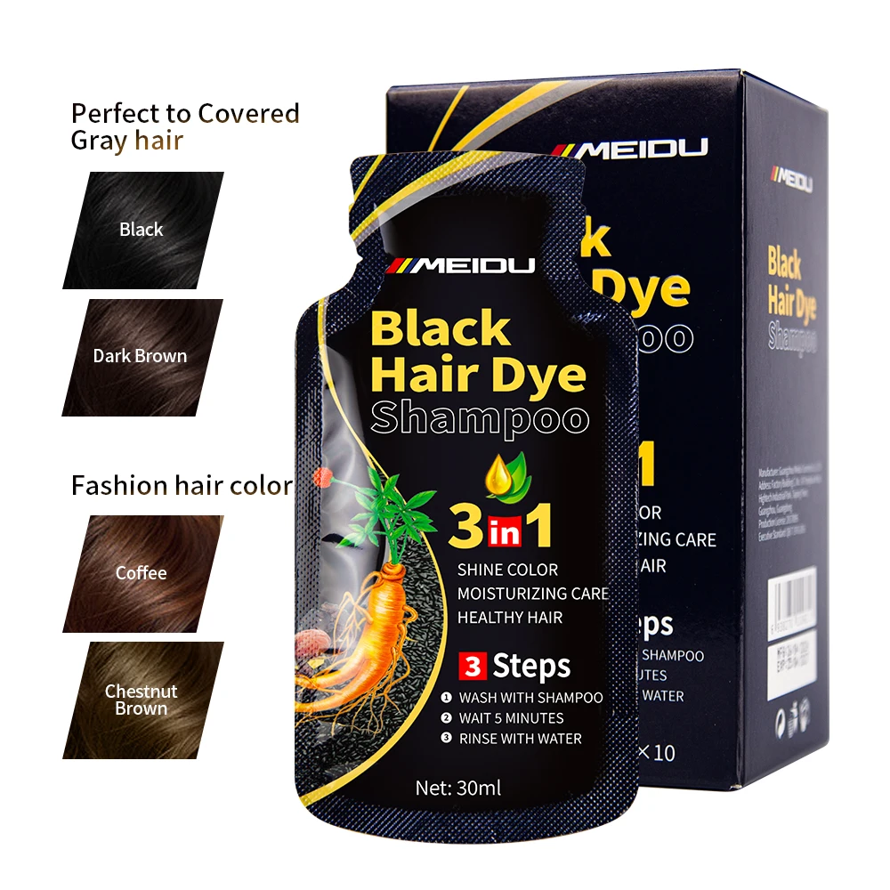 Meidu herbal natural ammonia free cover gray white hair ginger 3 in 1 permanent colour color sachet black hair dye shampoo