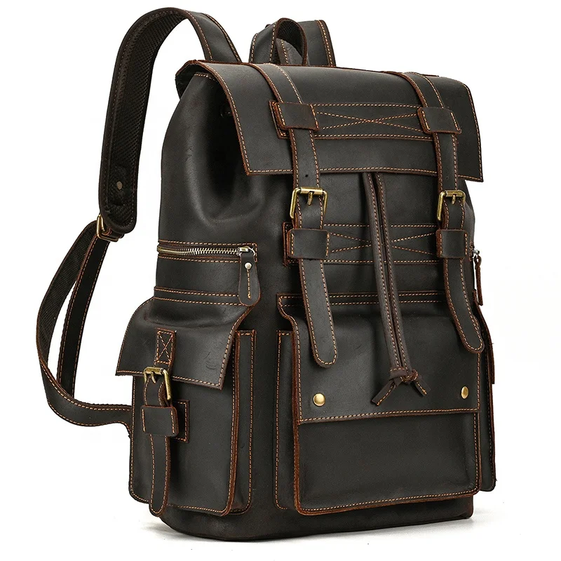 Large Capacity 17 Inches Laptop Bag Vintage Men Crazy Horse Leather Travel Backpack Bag