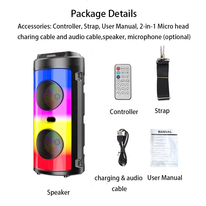 Double Ultras Drivers Rgb Flame Portable Speaker with Mic FM Radio Tf Card Tws Hi-fi Big Trolley Desktop Audio Sound Speaker