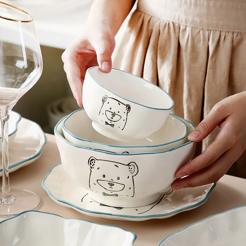 Blue Bear Unique Design Stoneware Porcelain Suppliers Microwave Safe Kitchen Cartoon Cute Ceramic Soup Salad Bowls