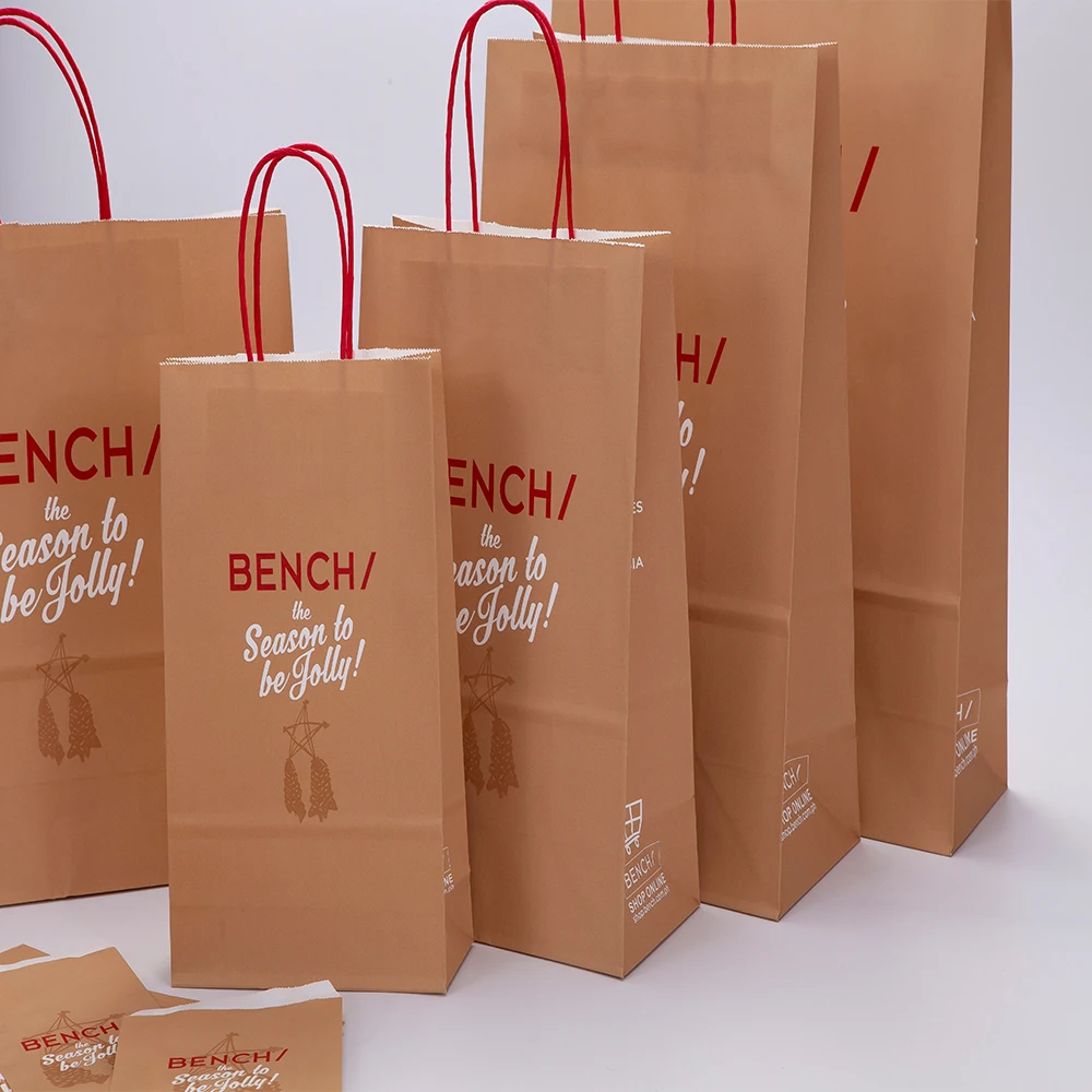 Custom restaurant food delivery take out packaging bag design your own logo flat handle takeaway carry brown kraft paper bag