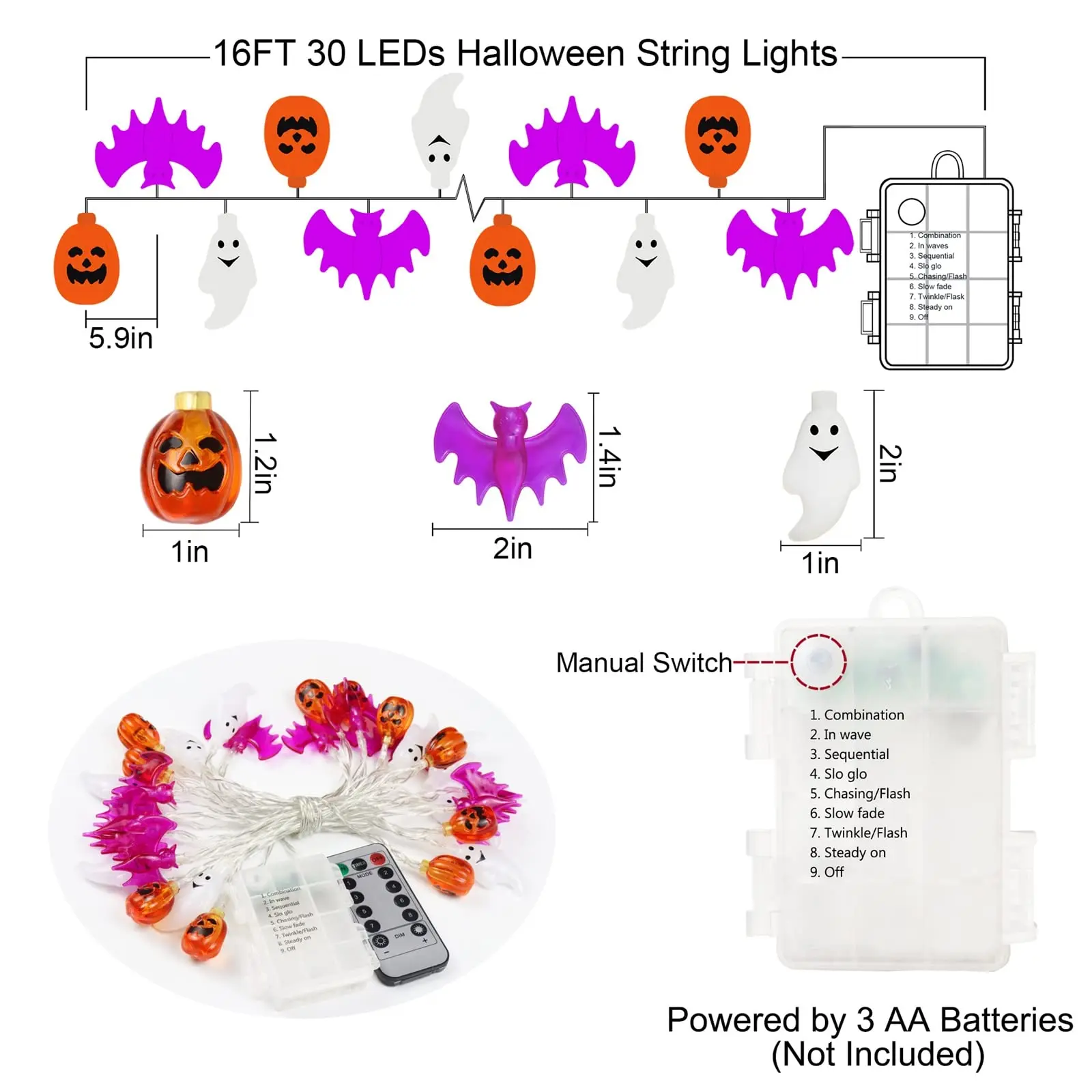 8 Lighting Modes Fairy Battery Operated Halloween Pumpkin Bat Ghost String Lights for Home Door Window Porch Party Decoration