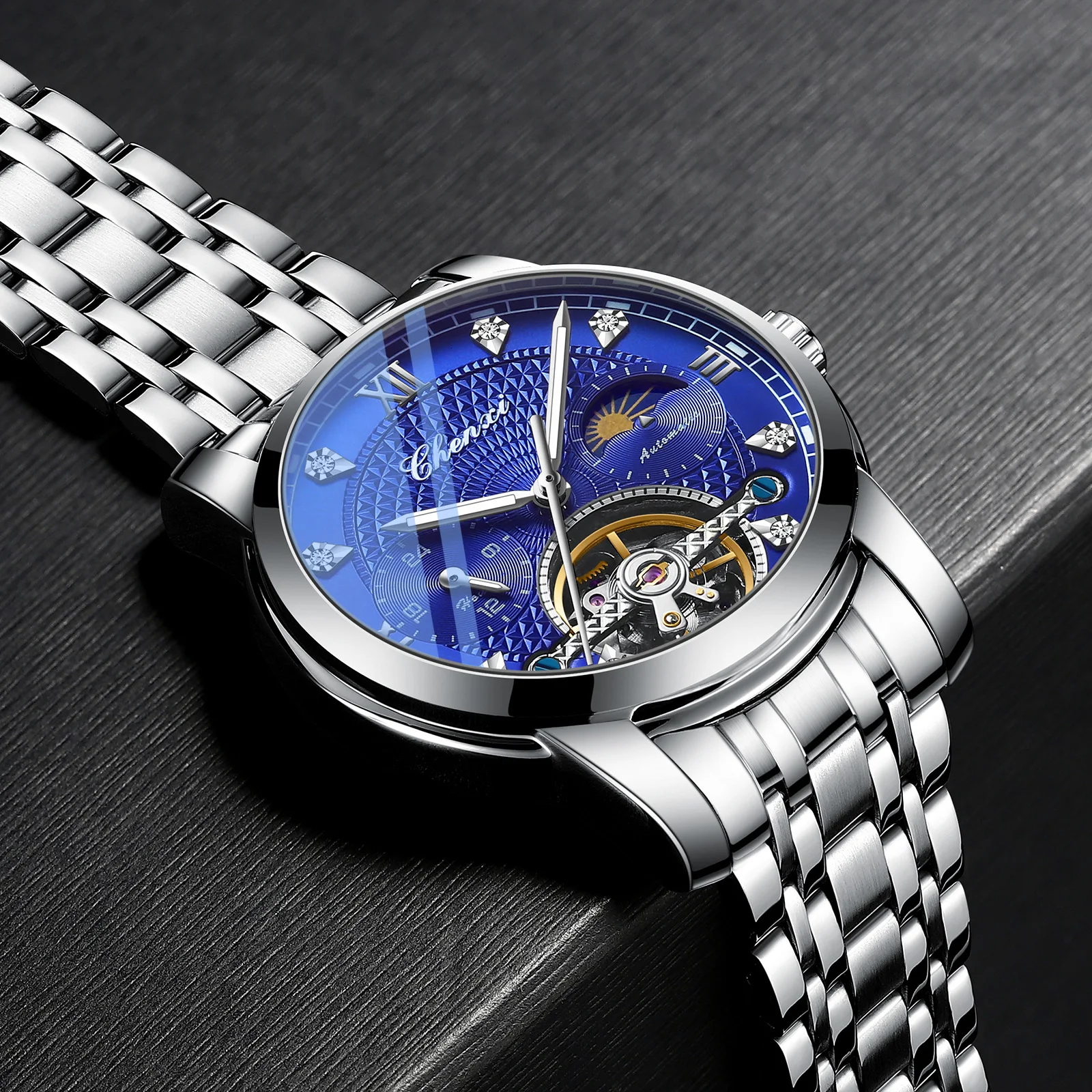 High Quality Stainless Steel Watch Logo CHENXI 8870 Hollow Flywheel Starry Sky Watch Luminous Original Mechanical Movement Watch