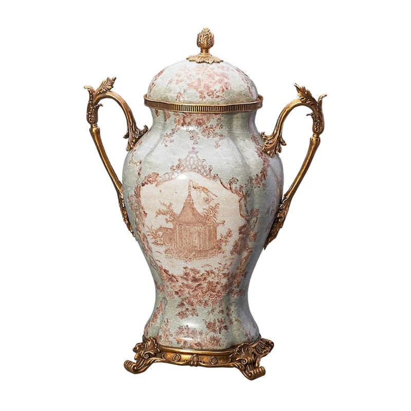 Ginger lid-porcelain jar, ceramic bottle vase, luxury, brass, black, interior decoration, high-end, for hotel, office, villa, ap