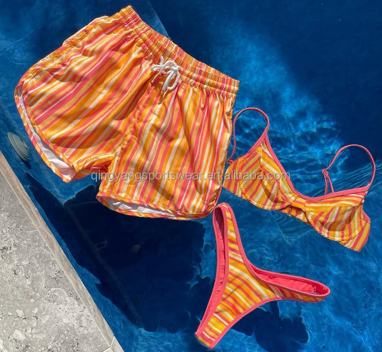 OEM design striped printing Soft Material swimwear fitness tie front swimsuit custom Men Short Trunks High Quality bikini 2023