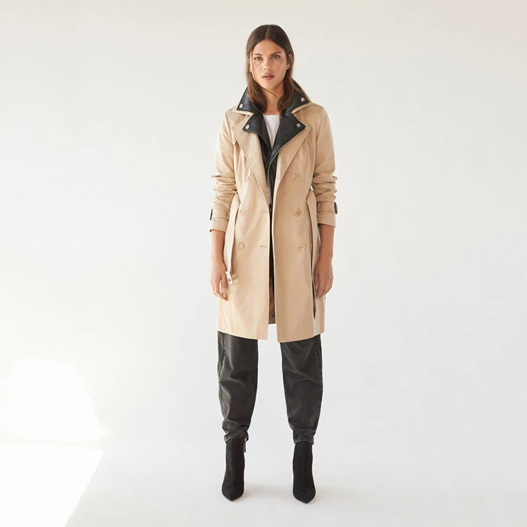 
Professional Customized Contrast Color PU Inner Belt Outerwear Double Breasted Long Trench Coat Women 