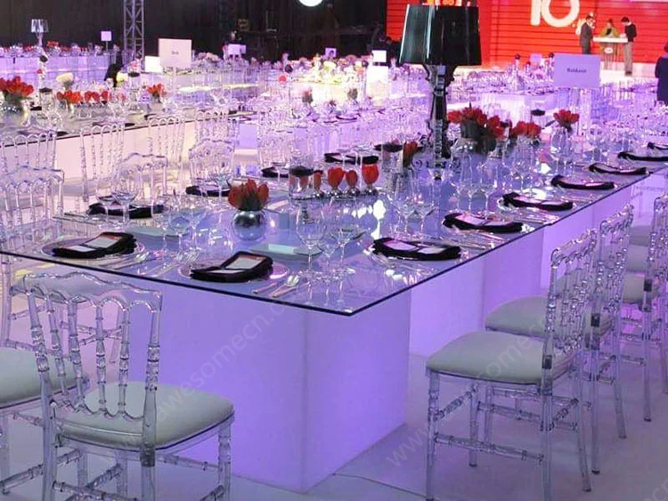 Led Illuminated Longe Expandable Glass Dining Table For Event Wedding