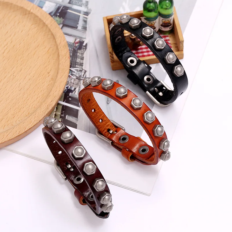 Cowboy Bracelet Black Brown Genuine Leather Bracelet Buckle Wristband Men Cuff Bracelets Punk Jewelry For Women