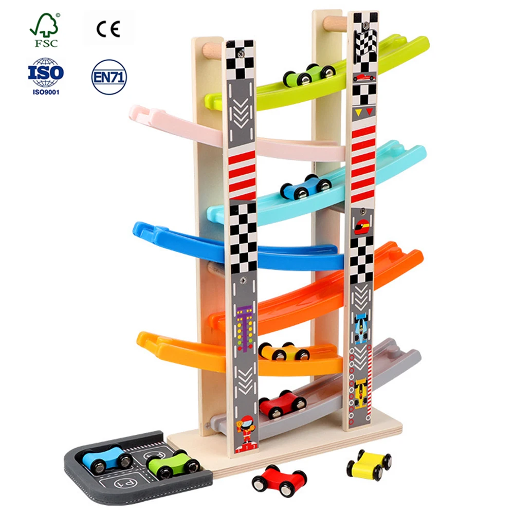 Wooden fun 7 level track game Glide Car Inertial slide with parking lot benefit Intelligence Family toys