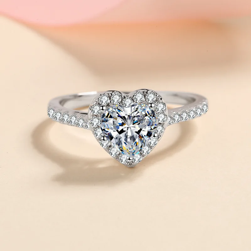 PUSHI engagement sterling silver iced out white d color vvs clarity 1ct manufacturing moissanite heart ring for women wedding