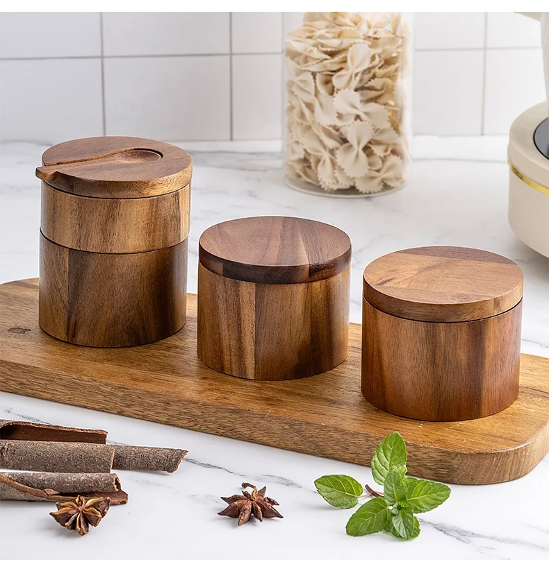 Acacia wood salt shaker solid wood seasoning box wooden pepper box kitchen seasoning bottle salt box to receive seasoning jar