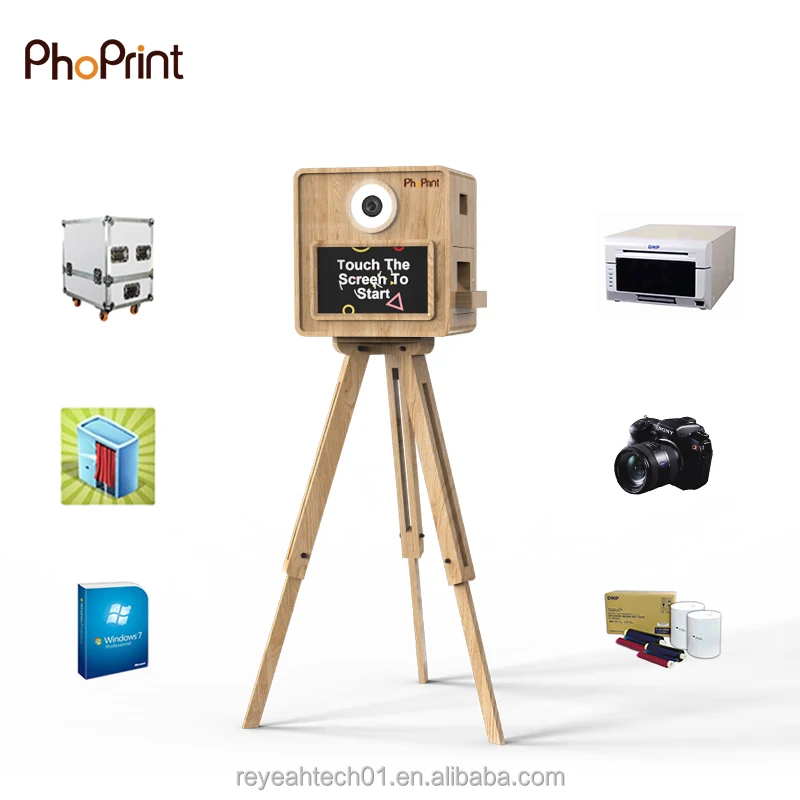 New Oak Events Party Photo Kiosk Wood Photo Booth Shell with Sublimation Printer and DSLR Camera