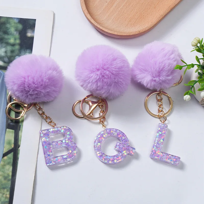 Soft Pom Pom Balls Keychain Fashion Letter Acrylic Keyrings Bag Decoration Car Key Accessories Anti-Lost Key Chain Custom Logo