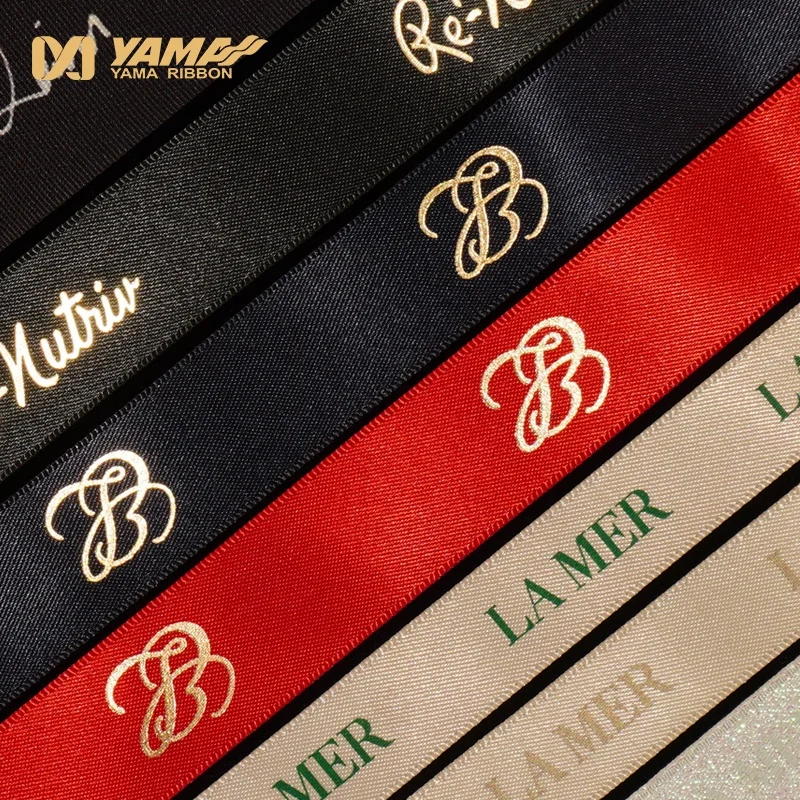 Yama Factory 3D Puff Foil Gold Printed Custom Satin Ribbon With Logo Satin Branded Ribbon