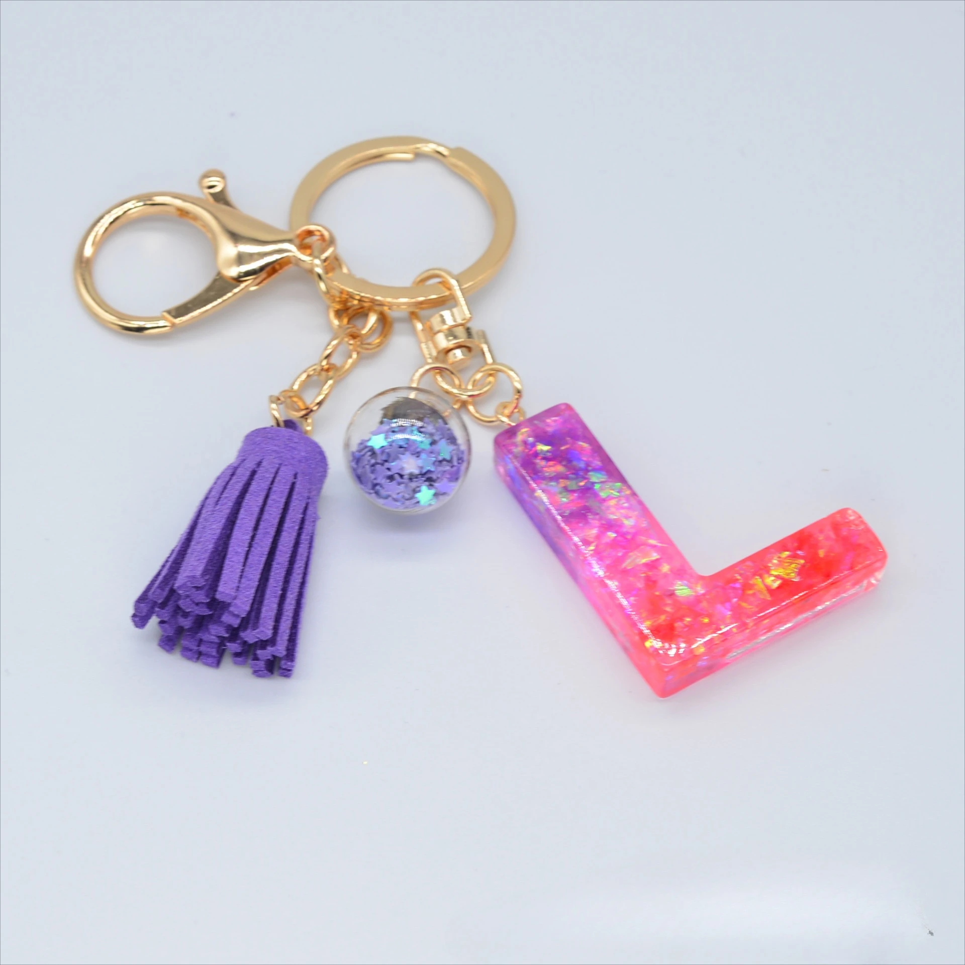 Wholesale Resin Glitter Letter Keychain Color Contrast Patchwork Crystal Epoxy Tassel English Letter Keychain
