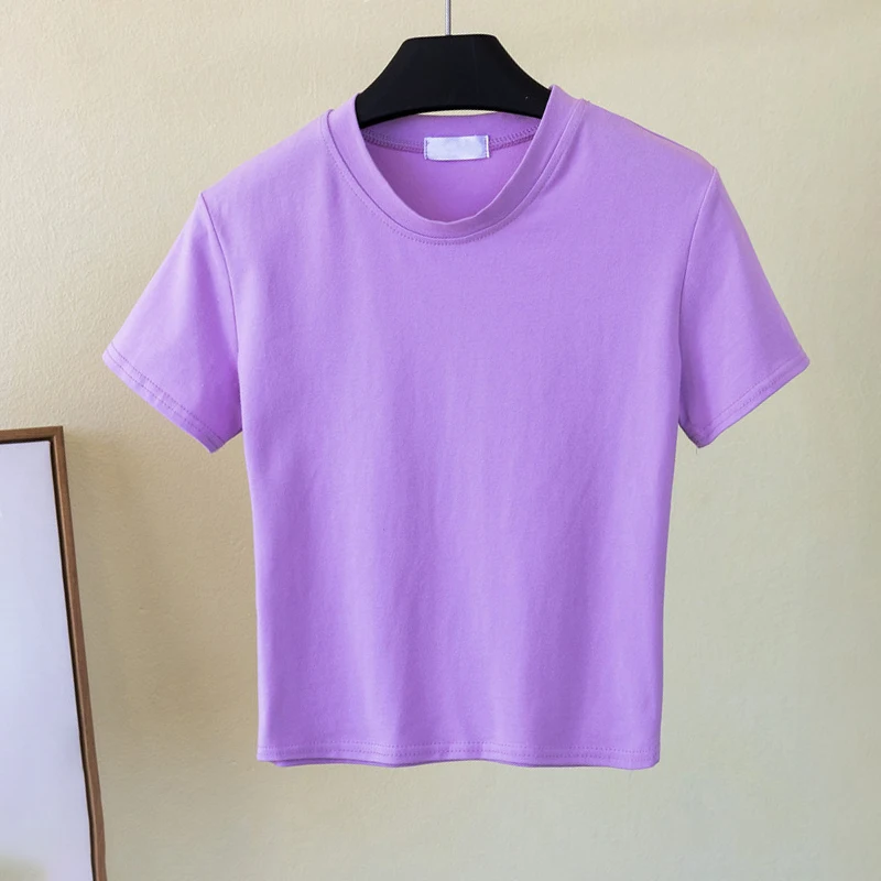 Custom Logo 100%cotton Blank O-Neck tshirt Short Sleeve Print Super White T-Shirts Summer Plain Tight Crop Tops For Women