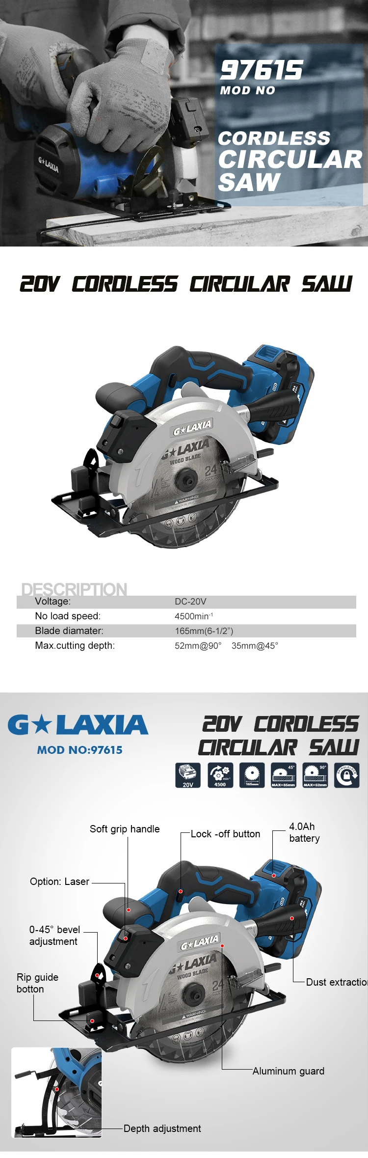 Galaxia Profesional Power Tools Cordless 20V Circular Saw 165mm Saw Brushed With Laser Bare Tool