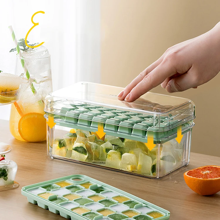 Easy Release Spill-Resistant Silicone Ice Cube Pop Out Tray Ice Cube Tray with Lid and Bin for Freezer