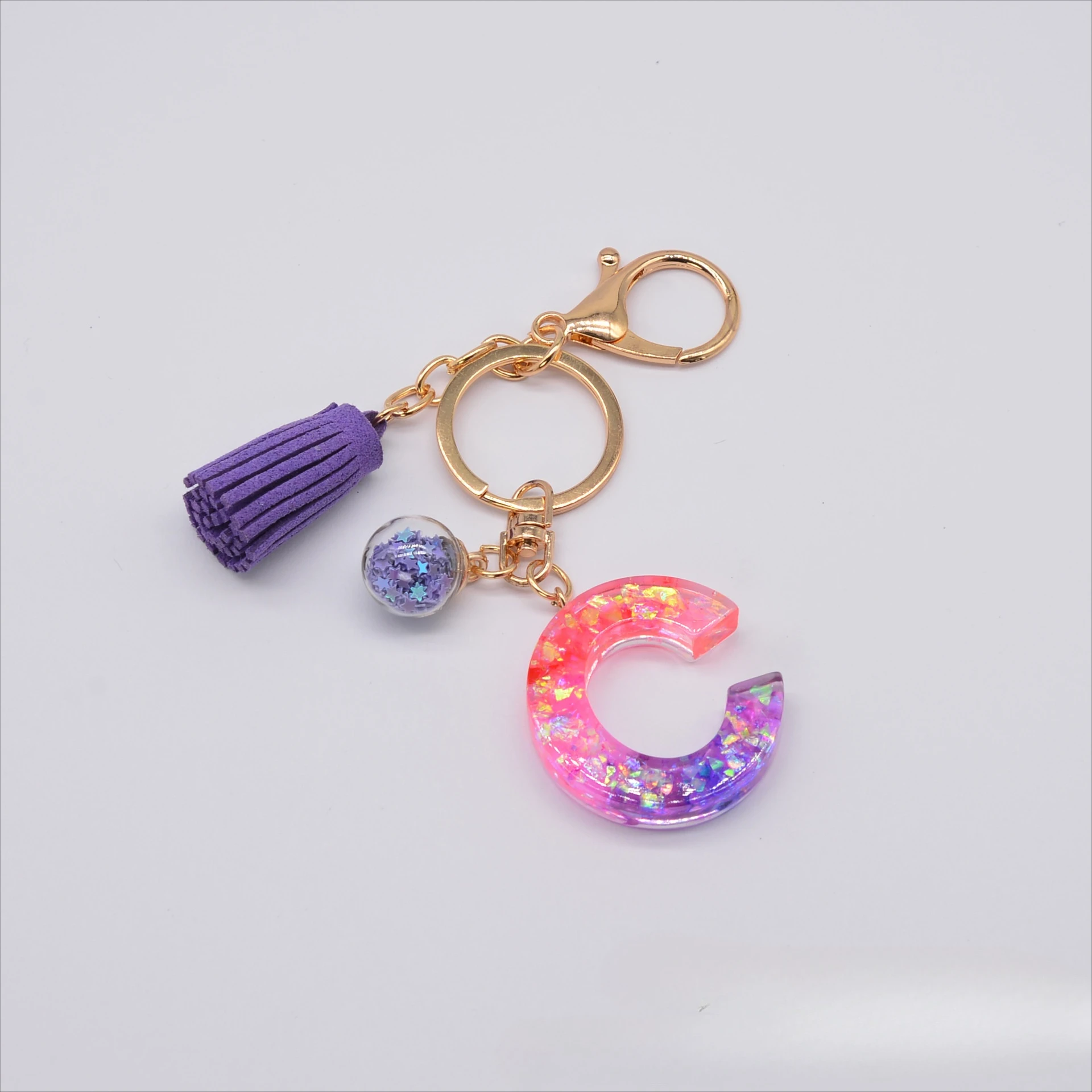 Wholesale Resin Glitter Letter Keychain Color Contrast Patchwork Crystal Epoxy Tassel English Letter Keychain