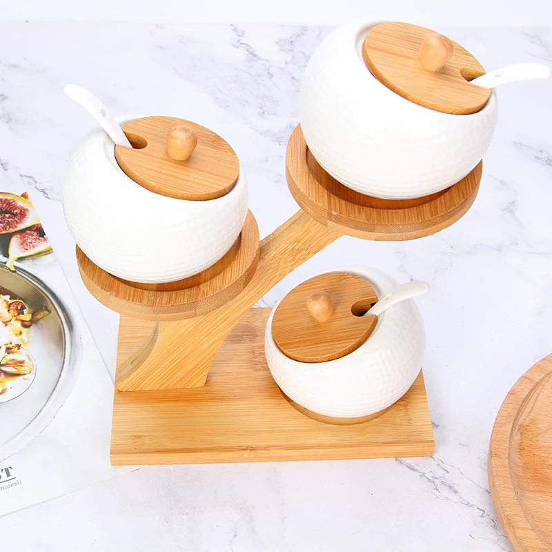Kitchenware Innovative Ceramic Spice Jar Set Spice Box Bamboo Cover Three-piece Set Free To Match Kitchen Seasoning Rack