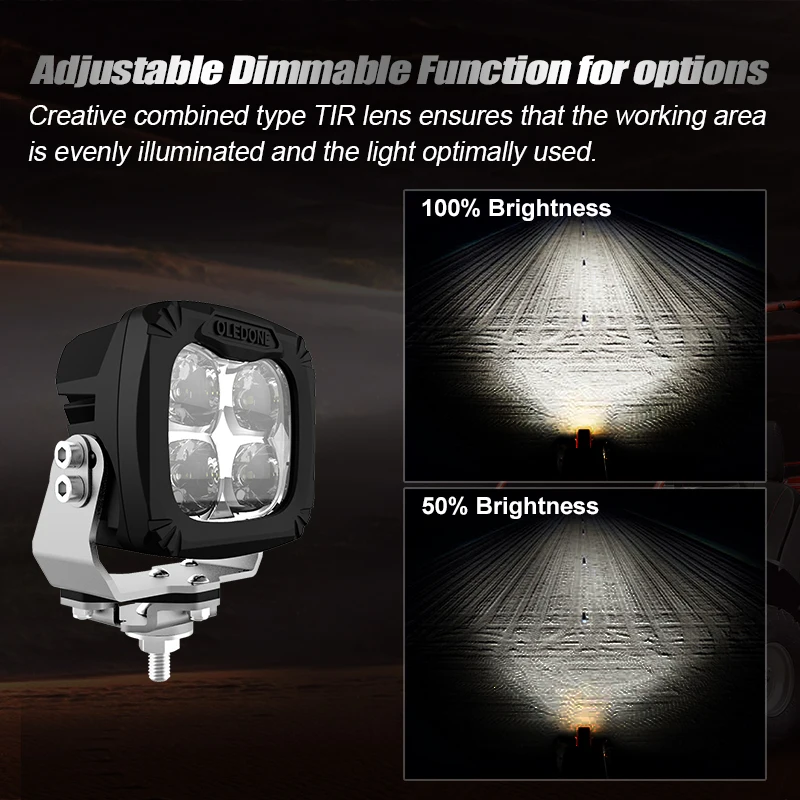 OLEDONE New Design Headtable and Dimmable LED Work Light 4 Inch Square 40W 4800LM All-Terrian Work Light LED 12V