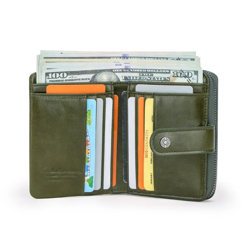 Drop ship ladies luxury leather rfid blocking bifold button closed with zipper coin pocket slim purses for women