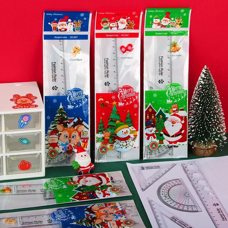 Cartoon Christmas Series Ruler Set Student Stationery Plastic Drawing Ruler Exam Four Piece Set For School