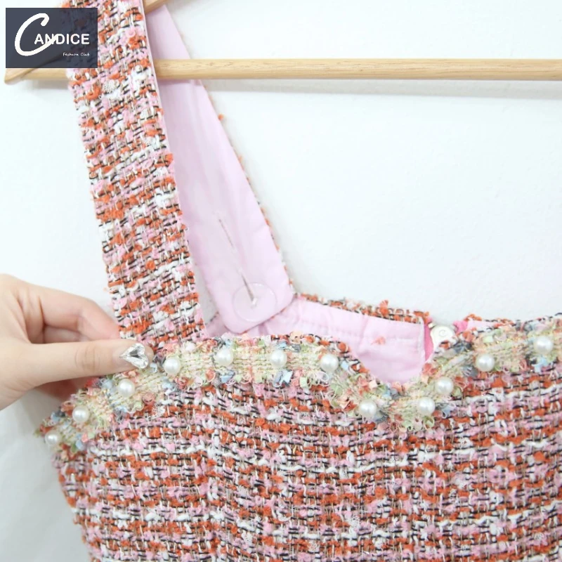 Candice Korean style high quality elegant beaded pearl tweed coat pink long sleeve 2 piece set women dress